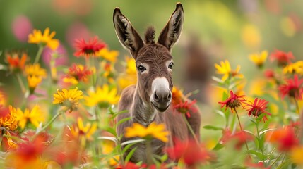 A Miniature Donkey with an abstract floral background, blooming flowers in vibrant reds and yellows, creating a cheerful and whimsical ambiance, hd quality, natural look. --ar 16:9 --v 6.