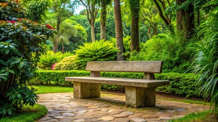 Stone bench surrounded by lush greenery in a peaceful park setting, stone bench, park, relaxation, nature, outdoor