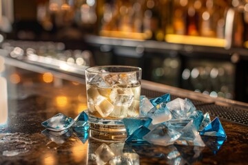 Diamond-shaped blue and white ice cubes piled on the bar table, with a cocktail, creating a stylish and refreshing bar scene