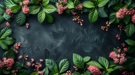 A stylish black background with a bunch of leaves and flowers, offering elegant copy space for a sophisticated look