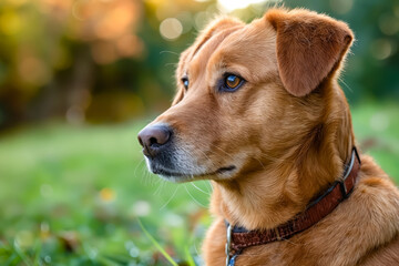 Canvas Print - A brown dog sitting in the grass looking up at the sky