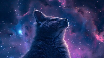 Wall Mural - A Quokka with an abstract cosmic background, stars and galaxies in shades of blue and purple, creating a mystical and otherworldly vibe, hd quality, natural look. --ar 16:9 --v 6.0 --s 250 --style raw