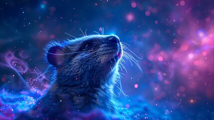 Wall Mural - A Quokka with an abstract cosmic background, stars and galaxies in shades of blue and purple, creating a mystical and otherworldly vibe, hd quality, natural look. --ar 16:9 --v 6.0 --s 250 --style raw