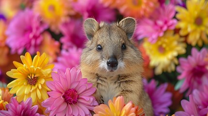 A Quokka with an abstract floral background, blooming flowers in bright pinks and purples, creating a whimsical and joyful feel, hd quality, natural look. --ar 16:9 --v 6.0 --s 250 --style raw