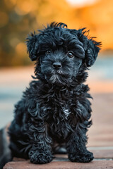 Poster - A black puppy sitting on a wooden bench