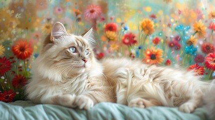 A Ragdoll Cat with an abstract floral background, blooming flowers in bright reds, yellows, and greens, creating a lively and whimsical ambiance, hd quality, natural look. --ar 16:9 --v 6.