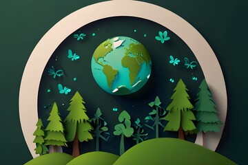 Wall Mural - World environment day on green background in paper cut style, Earth day. Generative AI