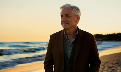 Wall Mural - Portrait of handsome mature man standing on beach with hands in pockets