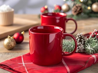 two red mugs on a plaid napkin with christmas ornaments and pine sprigs.