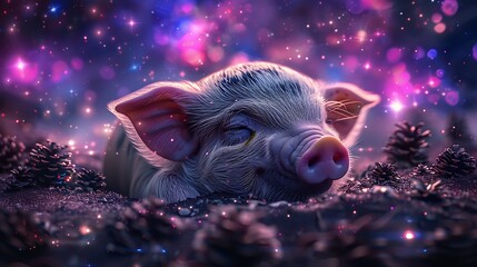 Wall Mural - A Teacup Pig with an abstract cosmic background, swirling galaxies and stars in purples and blues, creating a magical and otherworldly vibe, hd quality, natural look. --ar 16:9 --v 6.