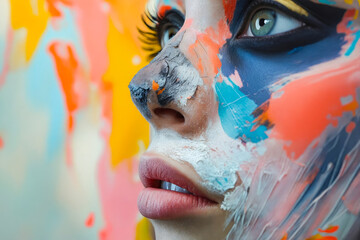 Poster - A woman with colorful paint on her face and nose.