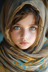 Poster - A young girl with blue eyes wearing a headscarf