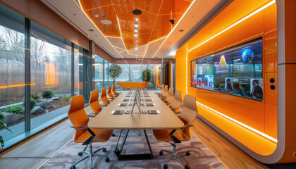 The conference room has a long table, chairs, and a big screen for presentations