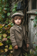 Poster - A little boy wearing a brown suit and a hat standing in front of a door