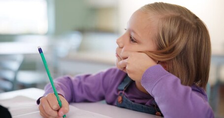 Poster - Thinking, student and classroom for education at school with learning, knowledge and answers for information of exam. Girl, writing and paper for lesson activity, assessment and creative growth