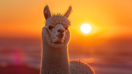 An Alpaca against an abstract sunset background, warm oranges and pinks blending into the horizon, evoking a peaceful and dreamy feel, hd quality, natural look. --ar 16:9 --v 6.0 --s 250 --style raw