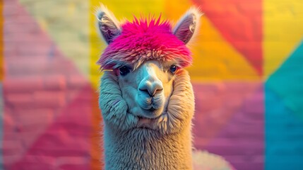 An Alpaca with an abstract geometric background, sharp lines and vibrant colors, creating a dynamic and modern composition, hd quality, natural look. --ar 16:9 --v 6.0 --s 250 --style raw