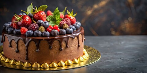 Sticker - Decadent chocolate cake topped with gold leaf and fresh berries, luxurious, dessert, gourmet, indulgent, decadent, elegant