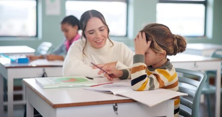 Aufkleber - Teacher, girl and classroom for education at school with learning support, knowledge and helping of mentorship . Student, woman and paper for lesson activity, assessment and studying advice of growth