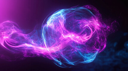 Poster - Glowing pink and blue smoke forming a vibrant spherical shape against a dark purple background, with swirling light effects and energy flow, creating a captivating abstract visual in deep space.