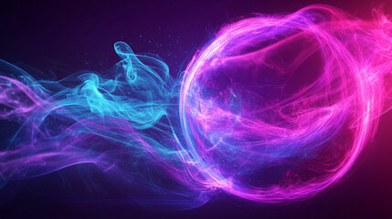 Poster - Glowing pink and blue smoke forming a vibrant spherical shape against a dark purple background, with swirling light effects and energy flow, creating a captivating abstract visual in deep space.