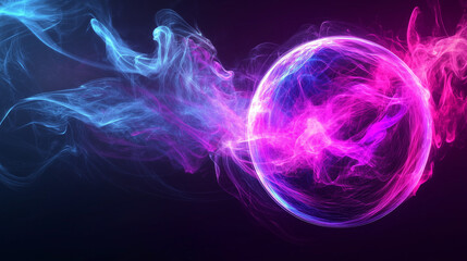 Poster - Glowing pink and blue smoke forming a vibrant spherical shape against a dark purple background, with swirling light effects and energy flow, creating a captivating abstract visual in deep space.