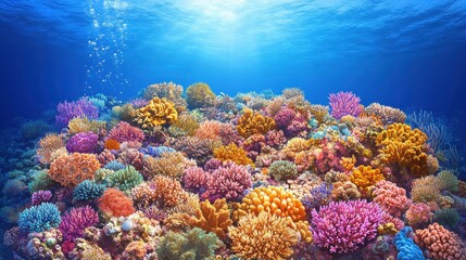 Wall Mural - Vibrant Underwater Coral Reef Ecosystem in Sunlit Ocean Waters Showcasing Diverse Marine Life and Rich Biodiversity