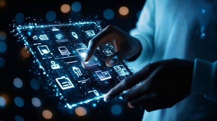 Poster - A person interacting with a glowing digital tablet, showcasing futuristic app icons in a dark, modern environment.