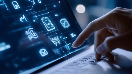 Poster - A close-up of a hand interacting with a digital interface on a laptop, showcasing modern technology and connectivity.