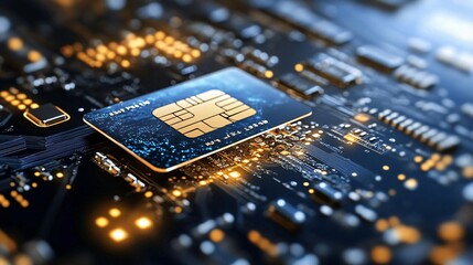Poster - Close-up of a microchip with golden contacts on a circuit board, showcasing modern technology and intricate design.