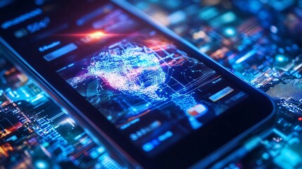 Poster - Close-up of a smartphone displaying vibrant digital interface with global connections, representing modern technology and innovation.