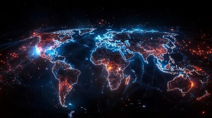 Poster - Stunning digital world map with glowing connections, showcasing the interconnectedness of global networks and modern technology.