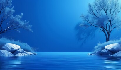 a lake with rocks and trees in the background, cold blue colors, icey tundra background, wallpaper anime blue water, beautiful lake background