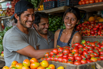 Happy farmers at a vibrant vegetable market stand with fresh tomatoes and produce