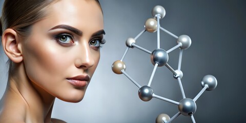 attractive female model with flawless complexion poses beside 3d molecular structure on a grey backg