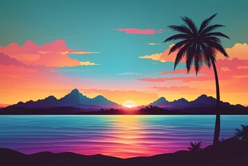 Ocean landscape with coconut trees in silhouette against sunset nature background
