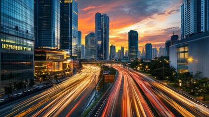 Poster - A high-quality photo of a modern cityscape with tall buildings and a stunning sunset sky, capturing the transition from day to night.