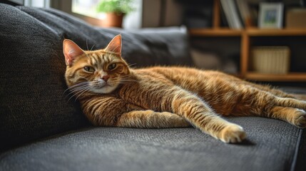 Poster - A high-resolution image of a chubby cat lounging on a plush sofa, showing its relaxed posture and the comfort of the living space.