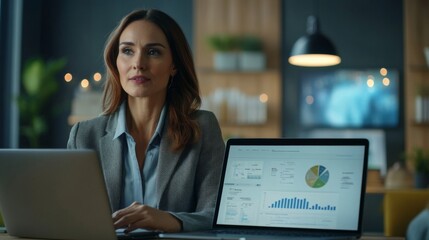 Poster - A high-resolution image of a businesswoman presenting a financial report on a laptop during a meeting.