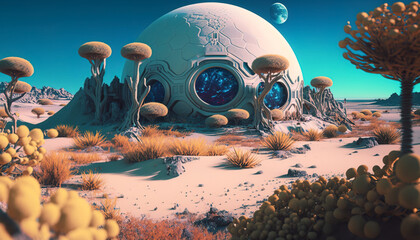 Wall Mural - human colony on unknown planet, surreal mystical fantasy artwork