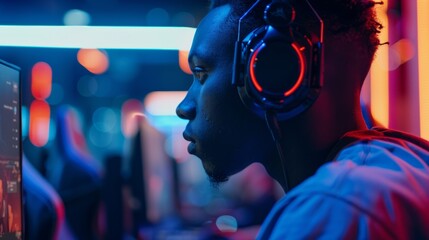 Poster - A man wearing headphones is playing a video game