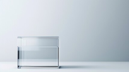 Poster - Close-up of a transparent plastic box with a detached lid, showcasing its sleek design and clear material. The box is empty and positioned against a clean, white background with ample copy space for