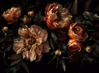 Wall Mural - Vintage flower bouquet on a black background. An floral illustration of vintage flowers such as peony, rose and lily for decoration design with space for text