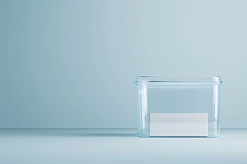 Poster - Transparent plastic box with a lid mockup, captured in a close-up shot to highlight its seamless design. The background is plain, offering plenty of copy space for custom messages or branding.
