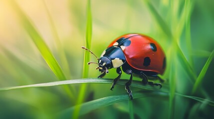 Poster - A macro image of a ladybug on a blade of grass, highlighting its bright red shell and black spots.