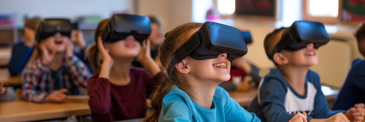 Aufkleber - Students are actively participating in educational material using Virtual Reality technology within a classroom environment, integrating innovative ways to enhance learning experiences