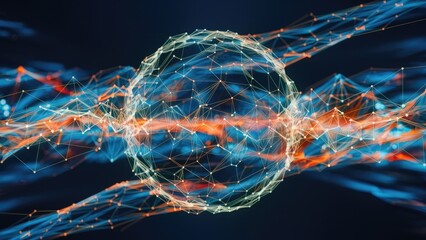 Poster - Abstract background featuring interconnected lines and dots creating a polygonal pattern symbolizing transformation and the evolution of communication in a futuristic setting