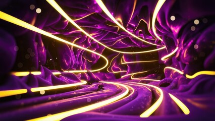 Poster - Vibrant abstract background featuring purple and yellow hues with glowing neon lines and bokeh effects