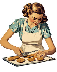 Wall Mural - Young woman wearing apron cooking on kitchen vintage illustration isolated on a white background