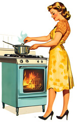 Wall Mural - Young woman wearing apron cooking on kitchen vintage illustration isolated on a white background